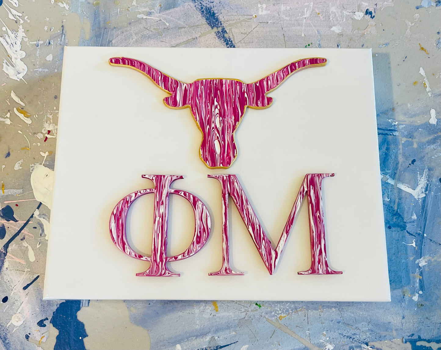 Phi Mu Pink and White Letters with Longhorn on 8x10