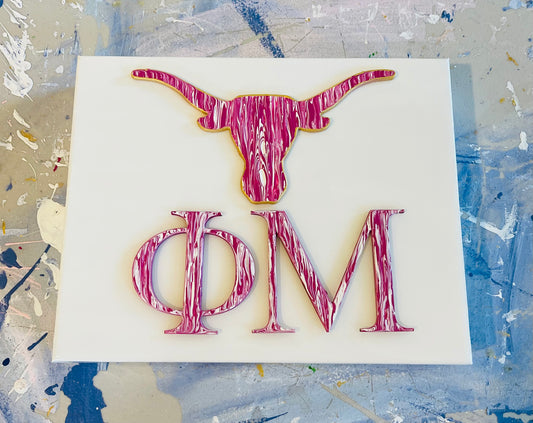 Phi Mu Pink and White Letters with Longhorn on 8x10