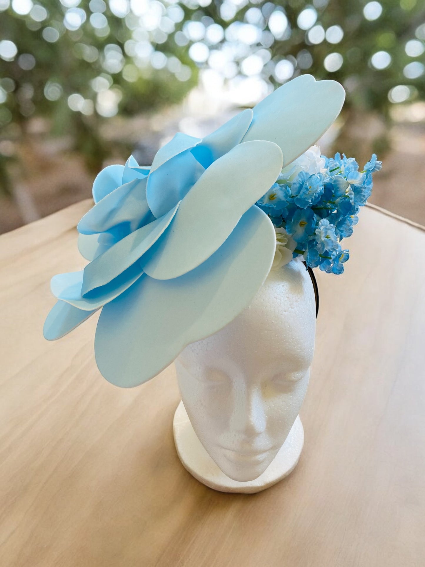 Light Blue Rose with Blue and white accents Headband