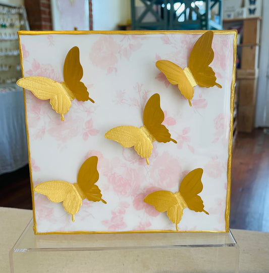 5 Gold Butterflies on Pink Floral 8x8 Canvas