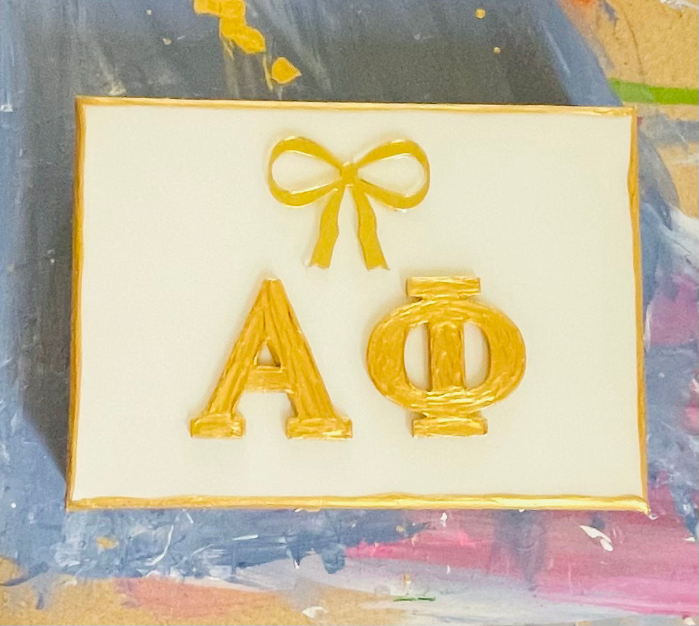 Alpha Phi Gold Letters on 5x7 Canvas with Bow