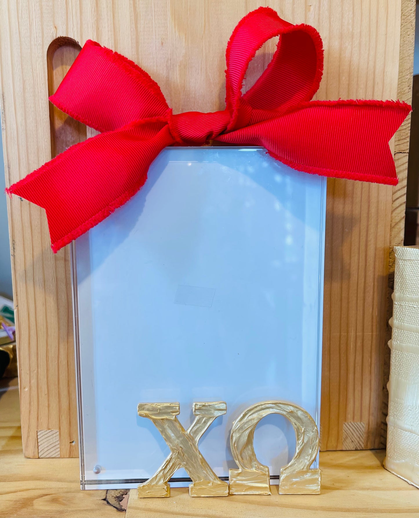 Chi Omega Acrylic 5x7 Frame with Gold Letters and Red Bow