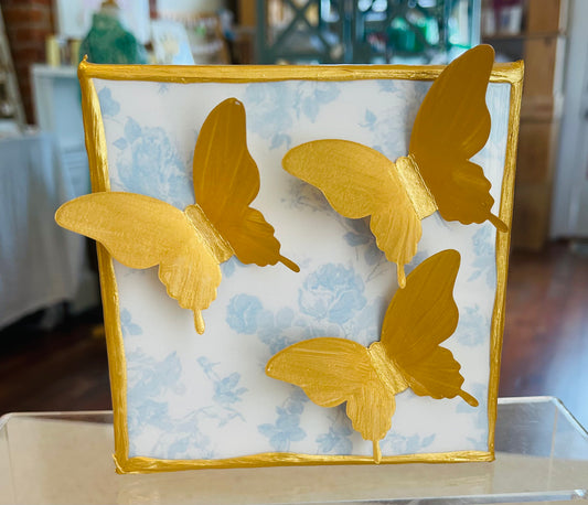 3 Gold Butterflies on Blue  Floral 5x5 Canvas