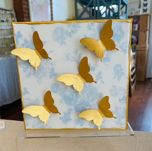 5 Gold Butterflies on Blue Floral 8x8 Canvas