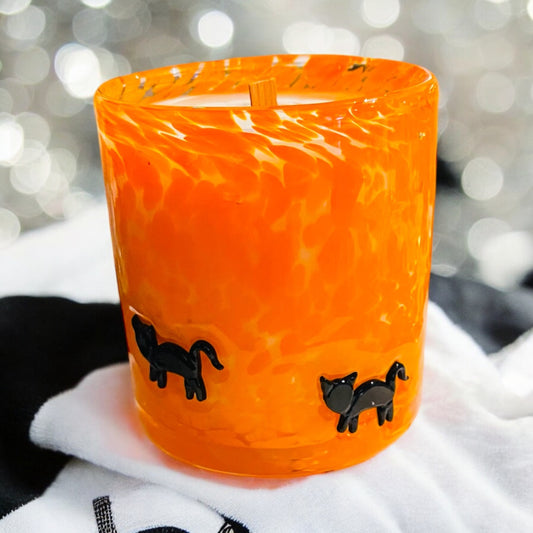 Uptown - Bella Luxury Candles / Halloween Orange Swirl Vessel with Black Cats