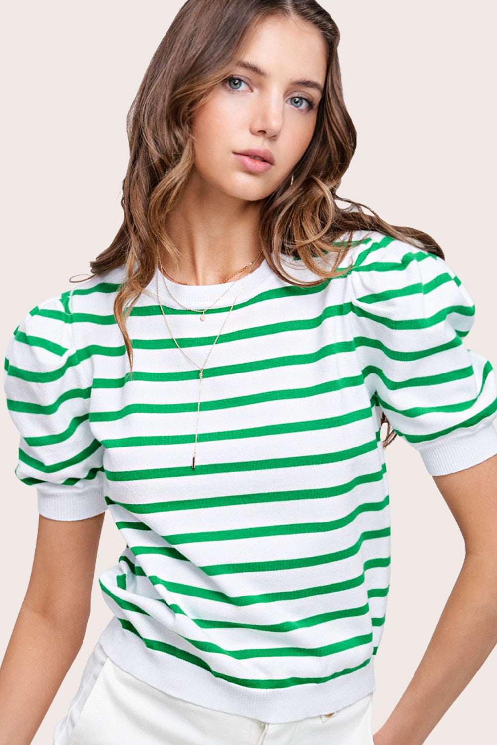 Puff Short Sleeve Stripe Sweater Top