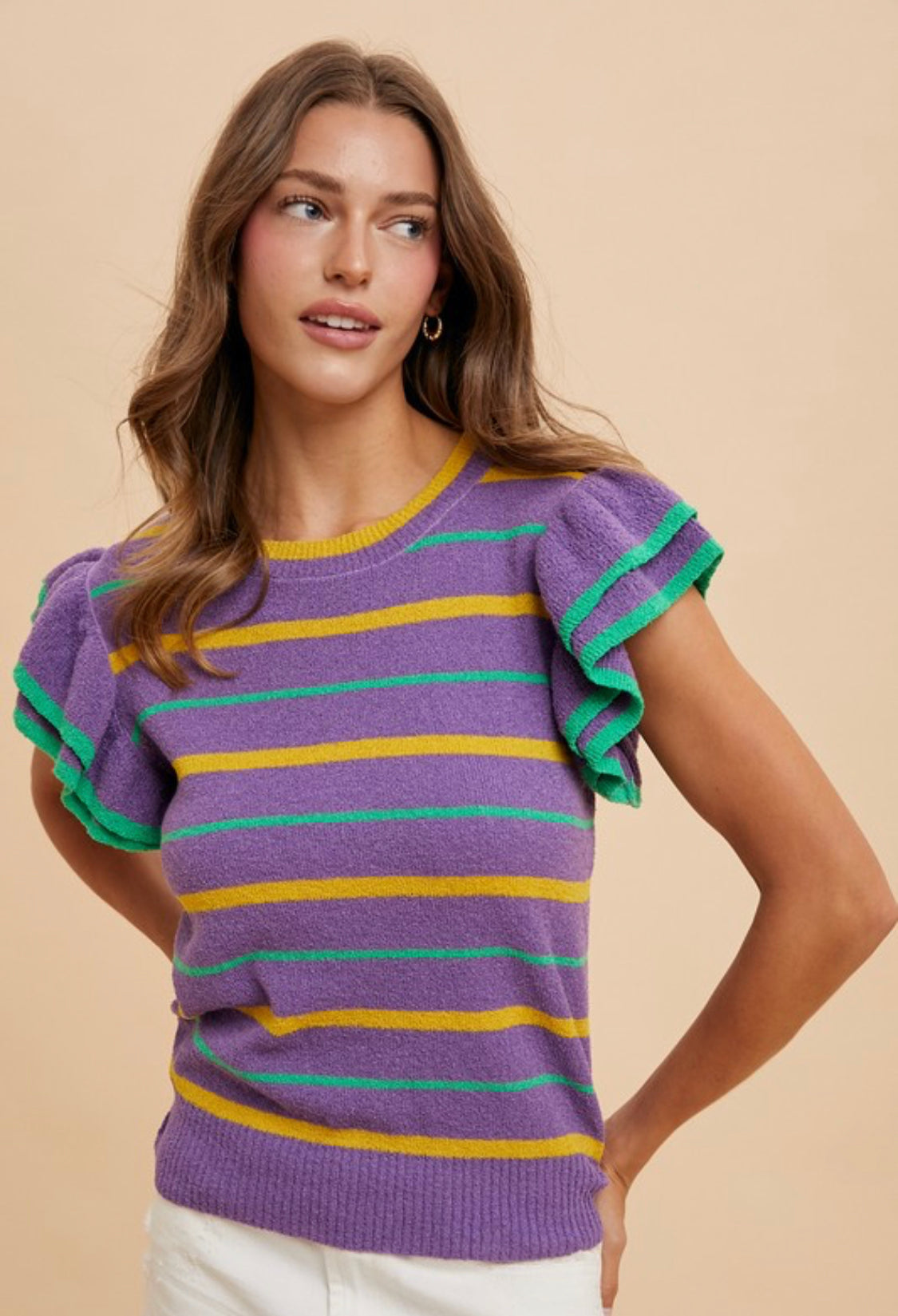 Mardi Gras Striped Ruffle Sleeve Sweater