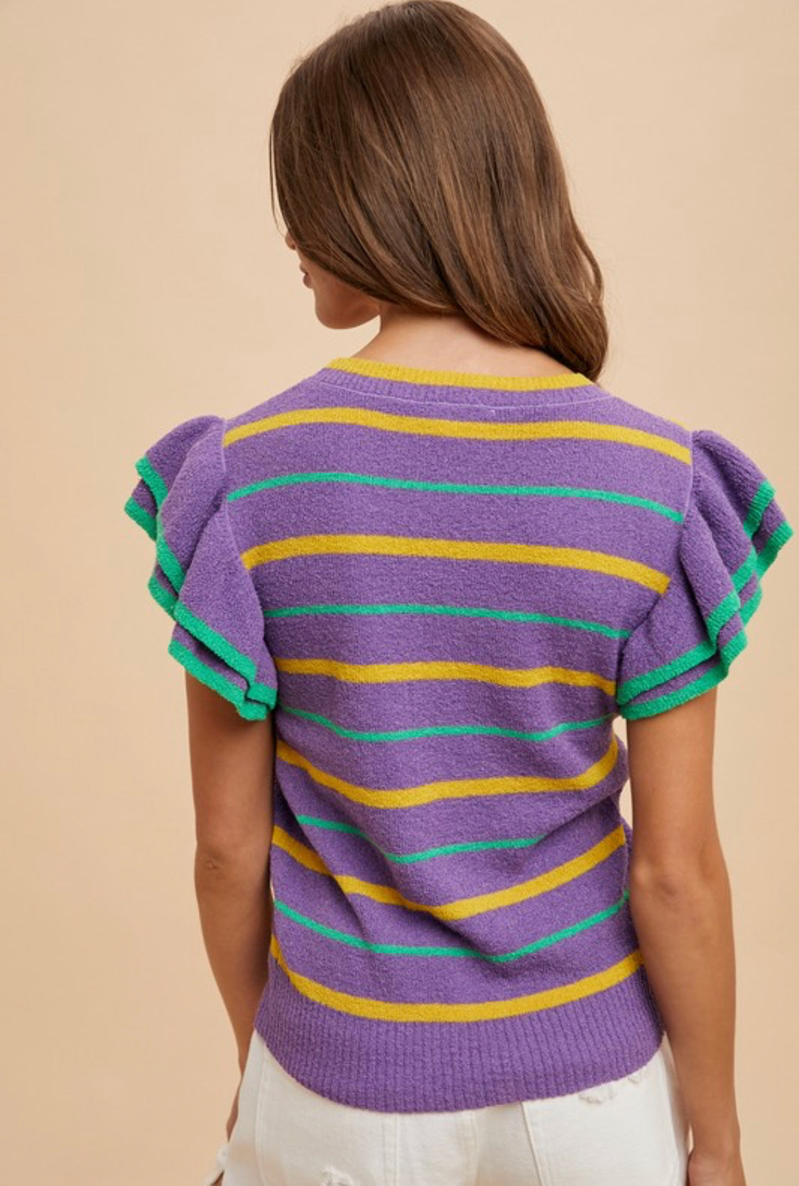 Mardi Gras Striped Ruffle Sleeve Sweater