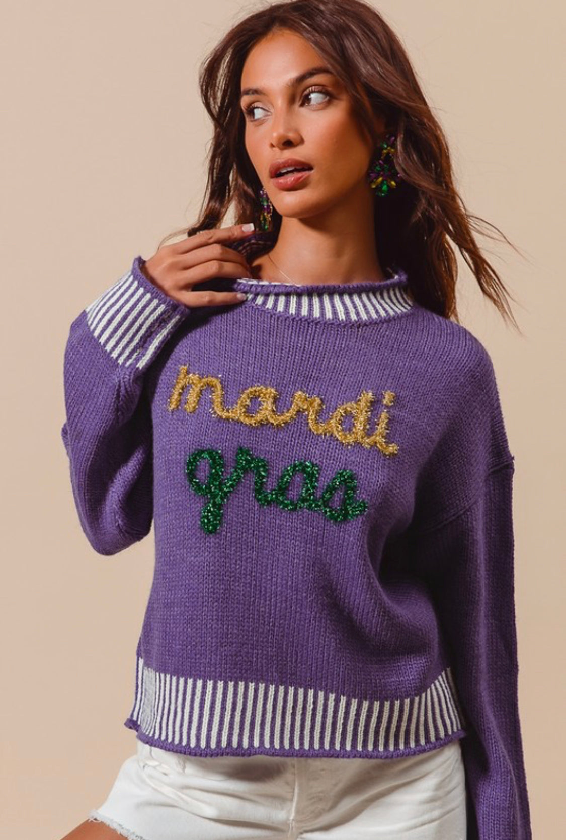 Mardi Gras Tinsel Lettering Sweater